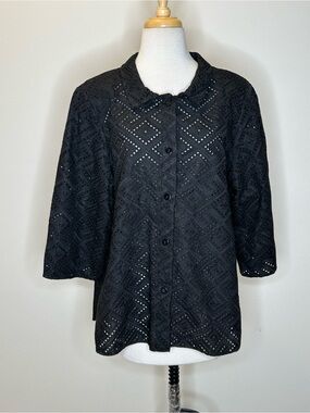 Nina McLemore Black Cotton Eyelet Button Front Shirt 16 EUC